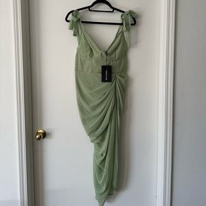 PRETTYLITTLETHING Sage Green Polka Dot Draped Underwire Detail Midi Dress